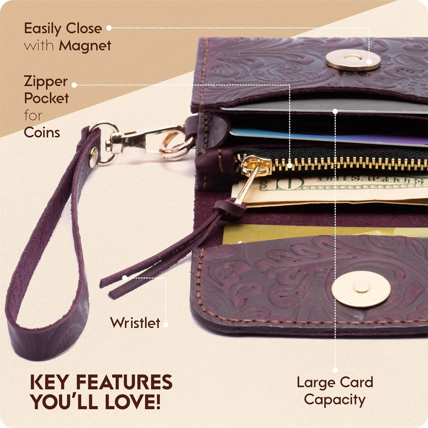 Handmade Wristlet Wallets for Women, Western Floral Leather Small Credit Card Holder with Zipper, Minimalist & Cute Coin Pouch, Genuine Leather, Purple