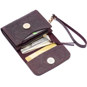 Handmade Wristlet Wallets for Women, Western Floral Leather Small Credit Card Holder with Zipper, Minimalist & Cute Coin Pouch, Genuine Leather, Purple