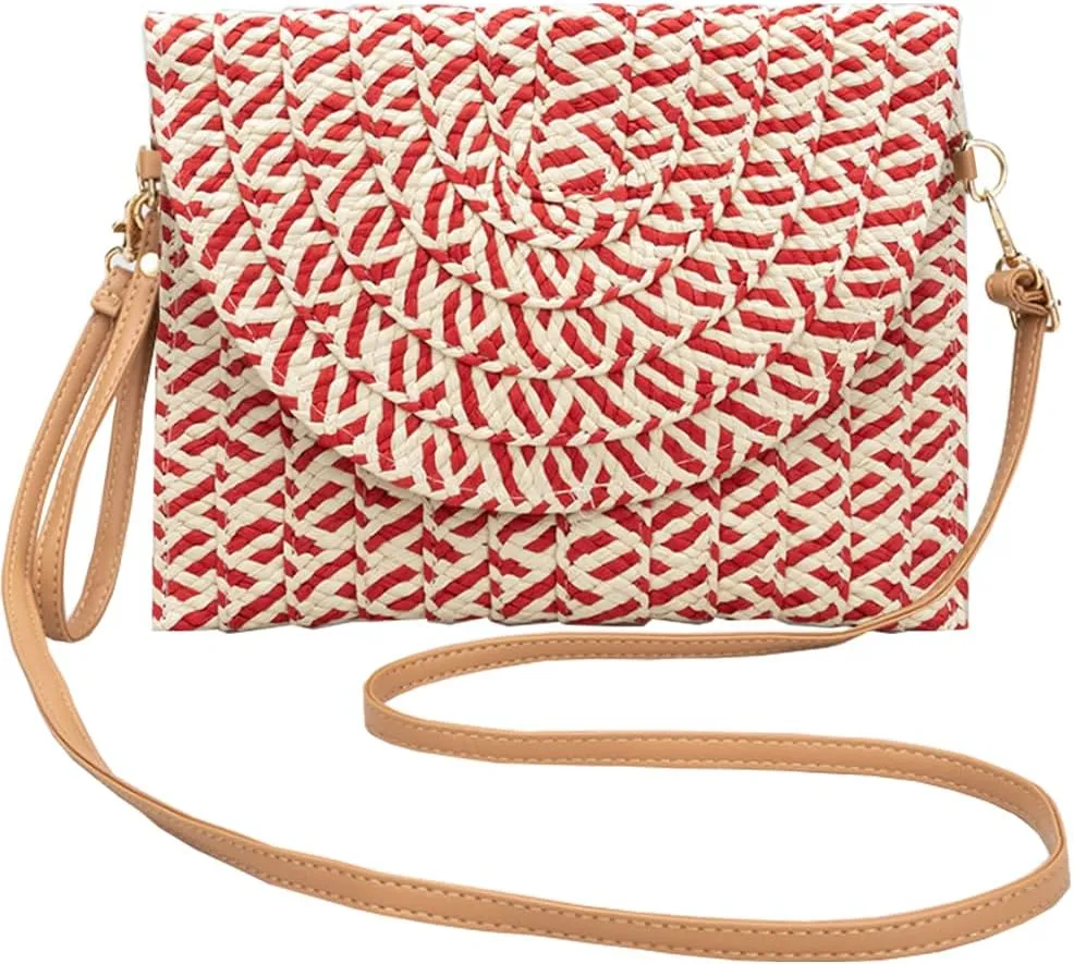 Handwoven Straw Clutch Purse for Women, Adjustable Crossbody Beach Bag with Magnetic Closure, Boho Summer Tote