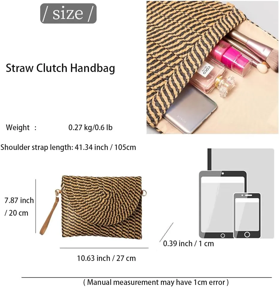 Handwoven Straw Clutch Purse for Women, Adjustable Crossbody Beach Bag with Magnetic Closure, Boho Summer Tote
