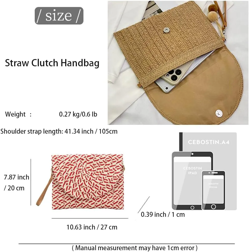 Handwoven Straw Clutch Purse for Women, Adjustable Crossbody Beach Bag with Magnetic Closure, Boho Summer Tote