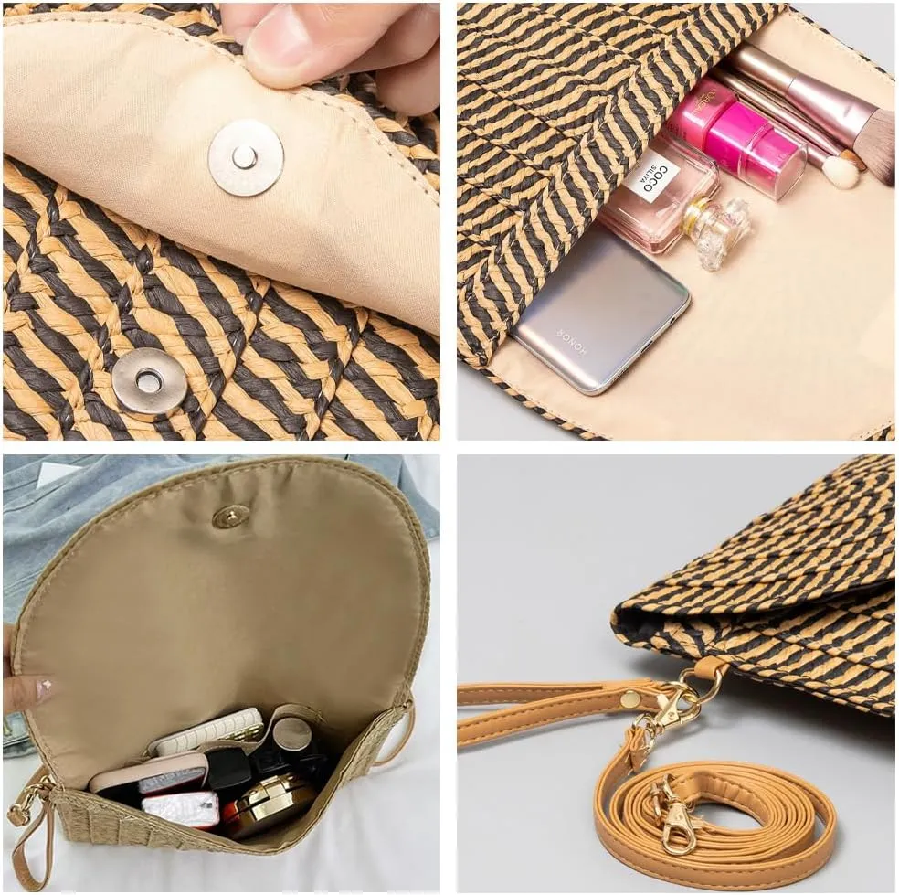 Handwoven Straw Clutch Purse for Women, Adjustable Crossbody Beach Bag with Magnetic Closure, Boho Summer Tote