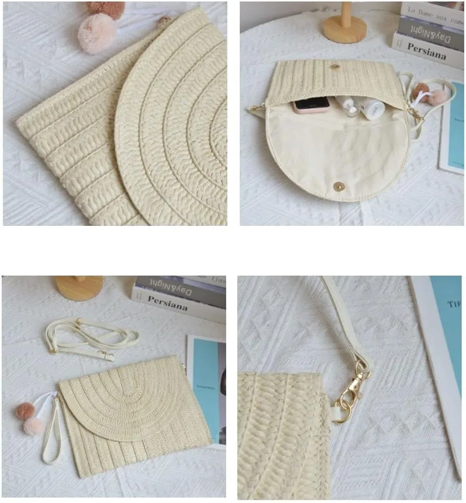 Handwoven Straw Clutch Purse for Women, Adjustable Crossbody Beach Bag with Magnetic Closure, Boho Summer Tote