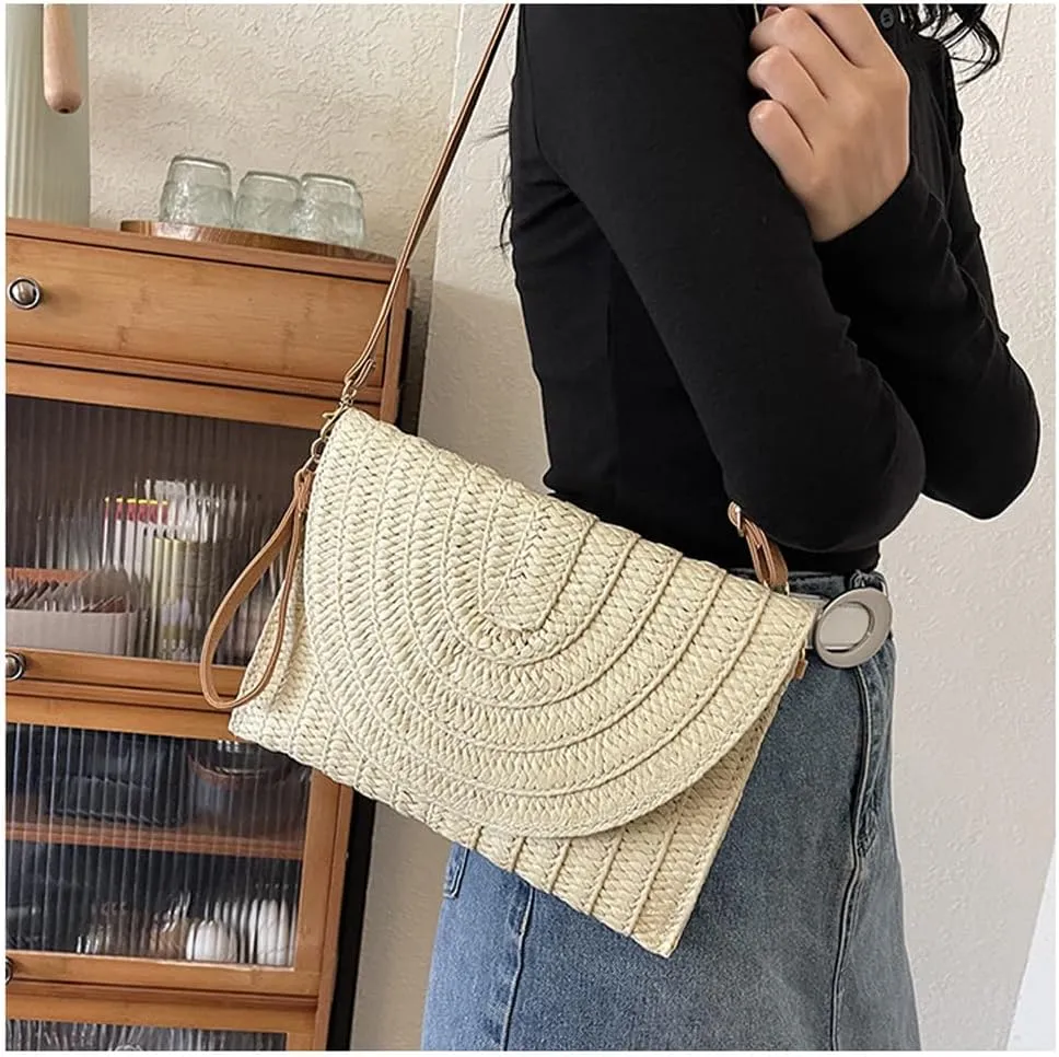 Handwoven Straw Clutch Purse for Women, Adjustable Crossbody Beach Bag with Magnetic Closure, Boho Summer Tote