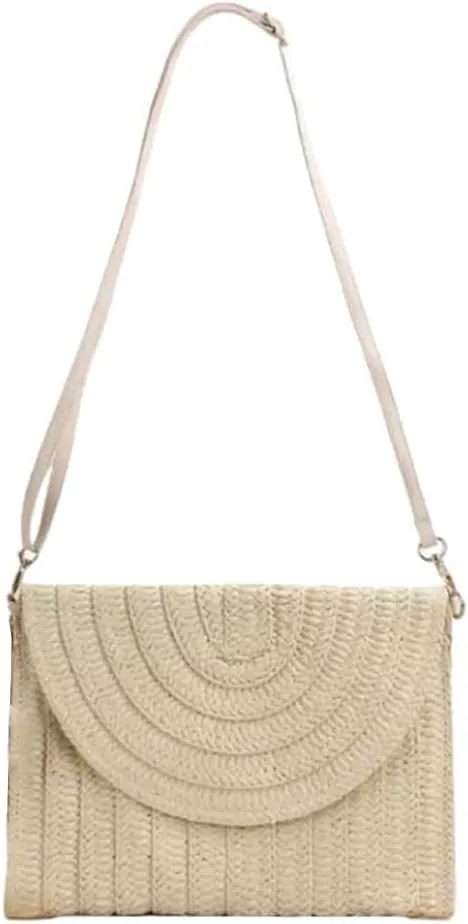 Handwoven Straw Clutch Purse for Women, Adjustable Crossbody Beach Bag with Magnetic Closure, Boho Summer Tote