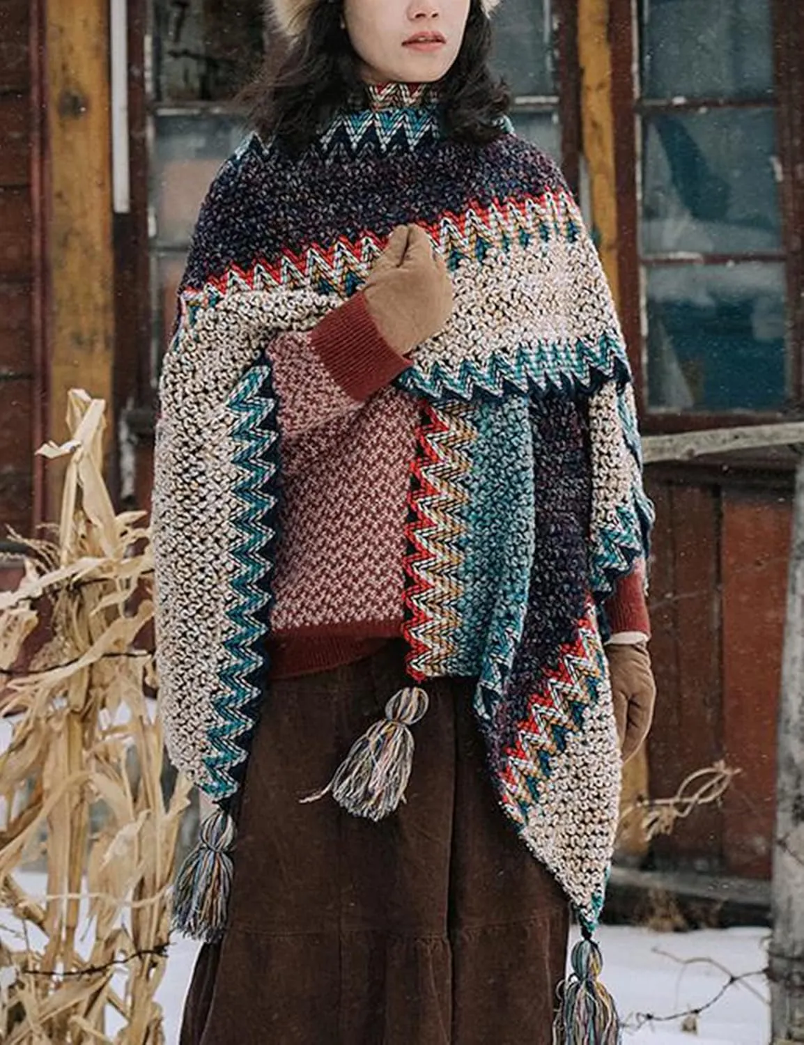 HaoMay Women's Ethnic Open Front Shawl Cape Wool Woven Tassel Poncho