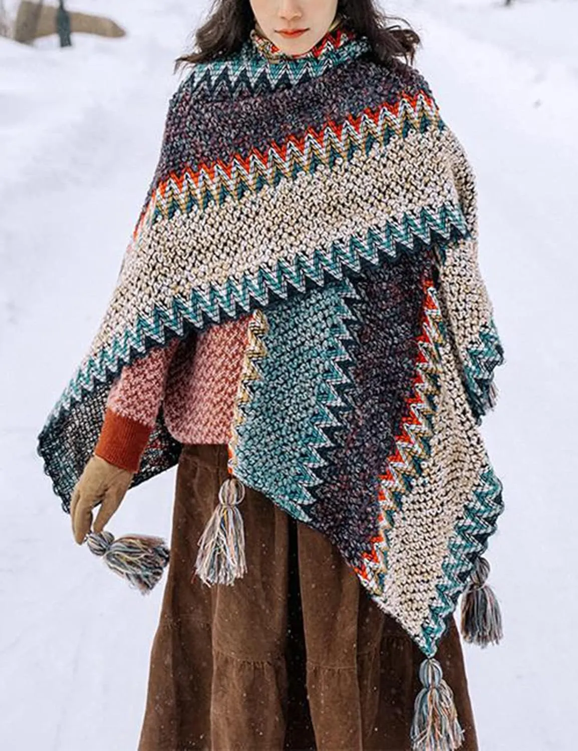 HaoMay Women's Ethnic Open Front Shawl Cape Wool Woven Tassel Poncho