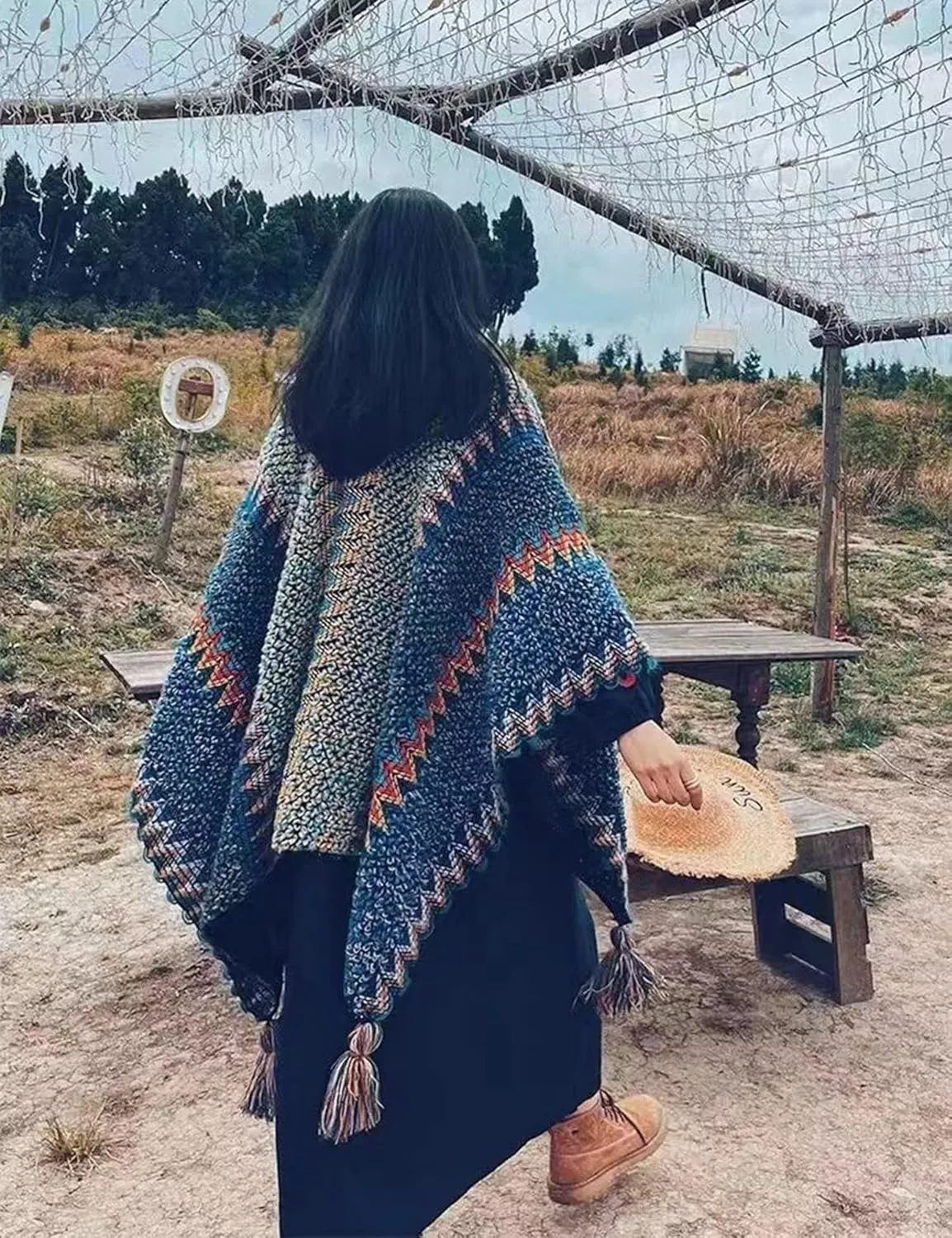 HaoMay Women's Ethnic Open Front Shawl Cape Wool Woven Tassel Poncho