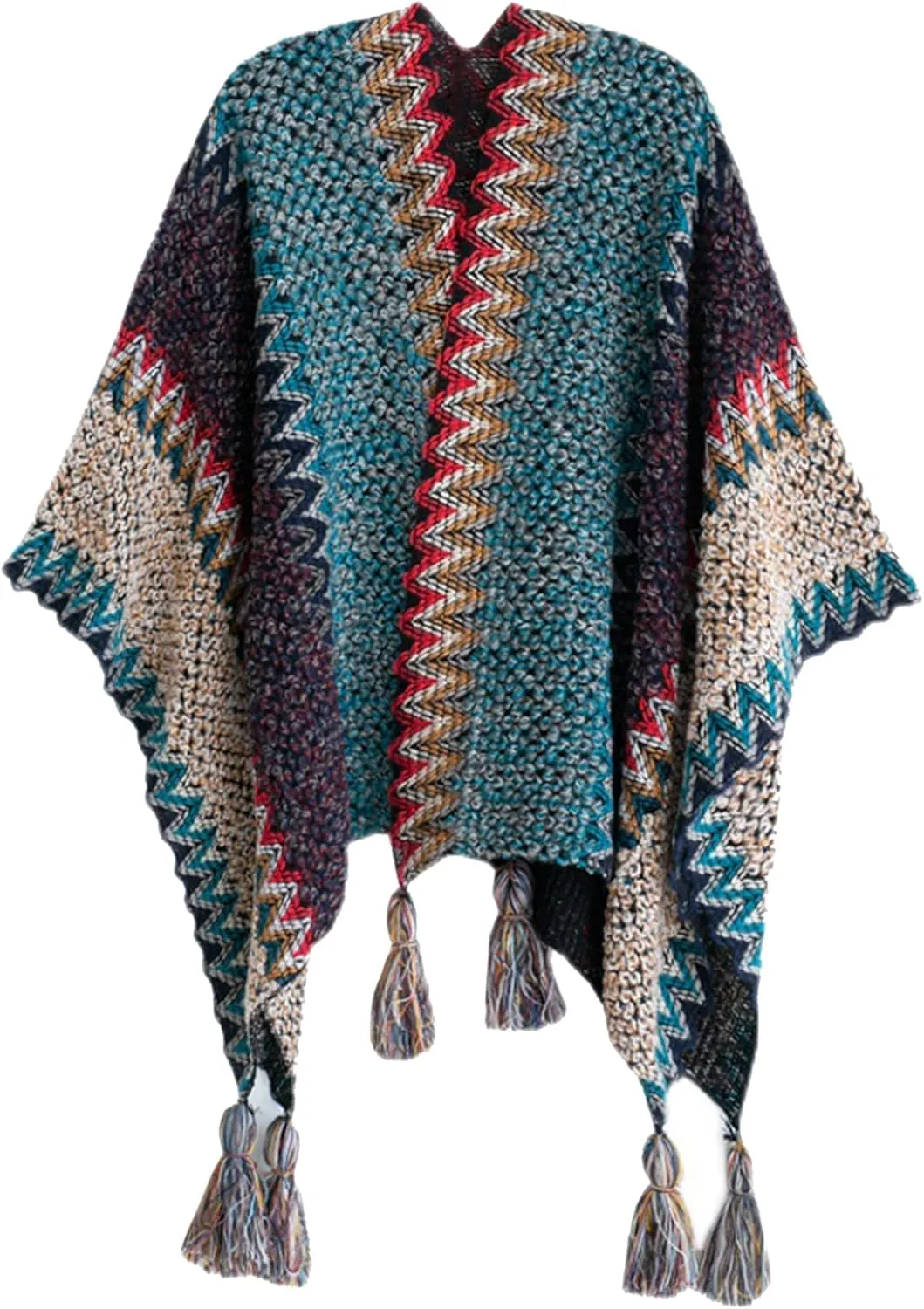 HaoMay Women's Ethnic Open Front Shawl Cape Wool Woven Tassel Poncho