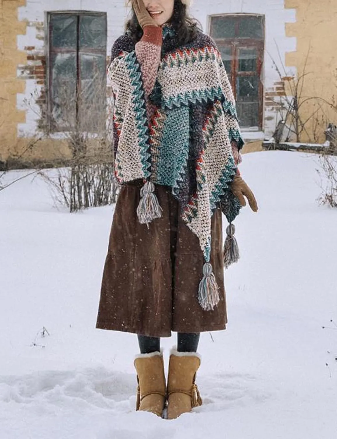 HaoMay Women's Ethnic Open Front Shawl Cape Wool Woven Tassel Poncho
