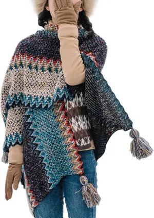 HaoMay Women's Ethnic Open Front Shawl Cape Wool Woven Tassel Poncho