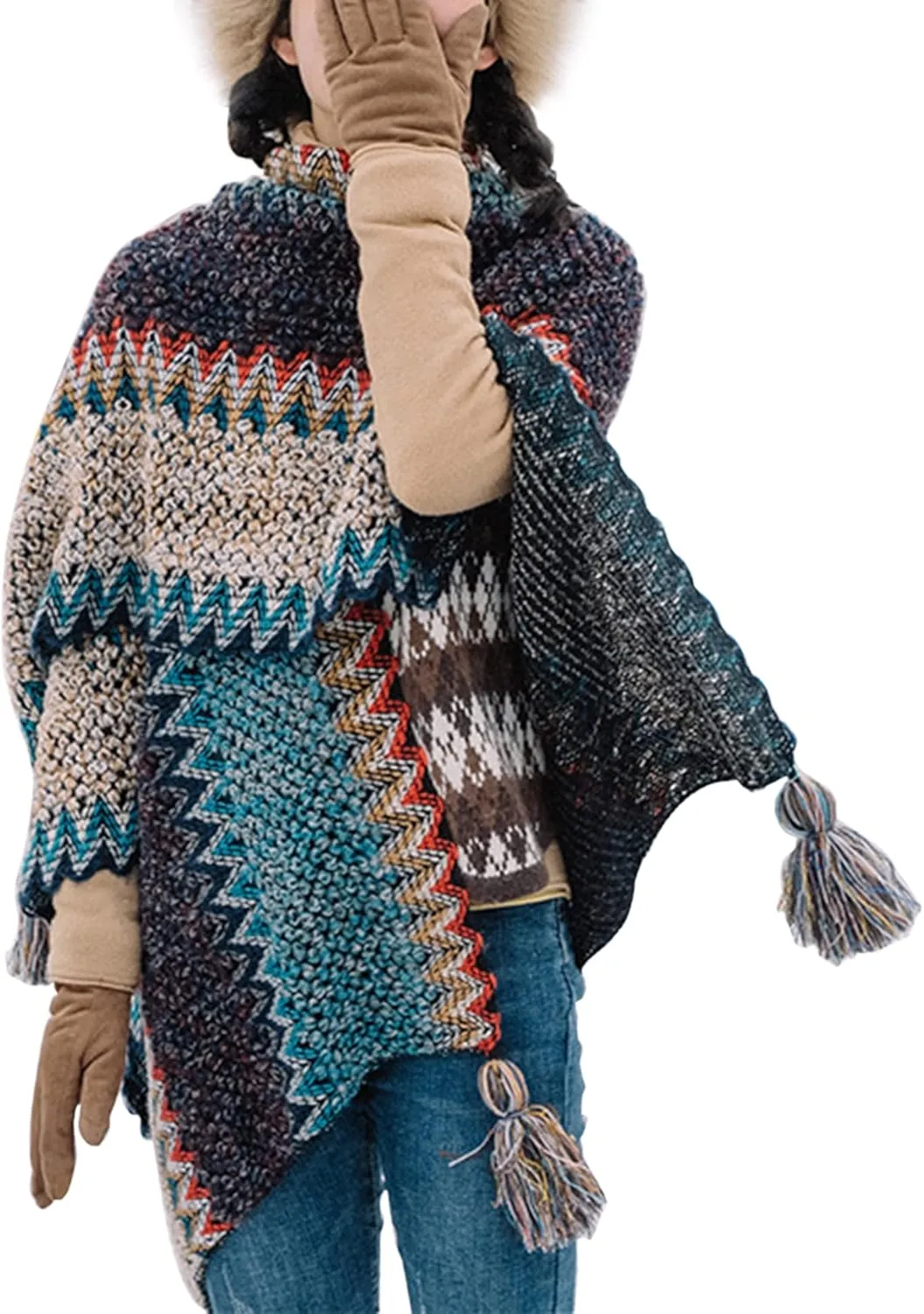 HaoMay Women's Ethnic Open Front Shawl Cape Wool Woven Tassel Poncho