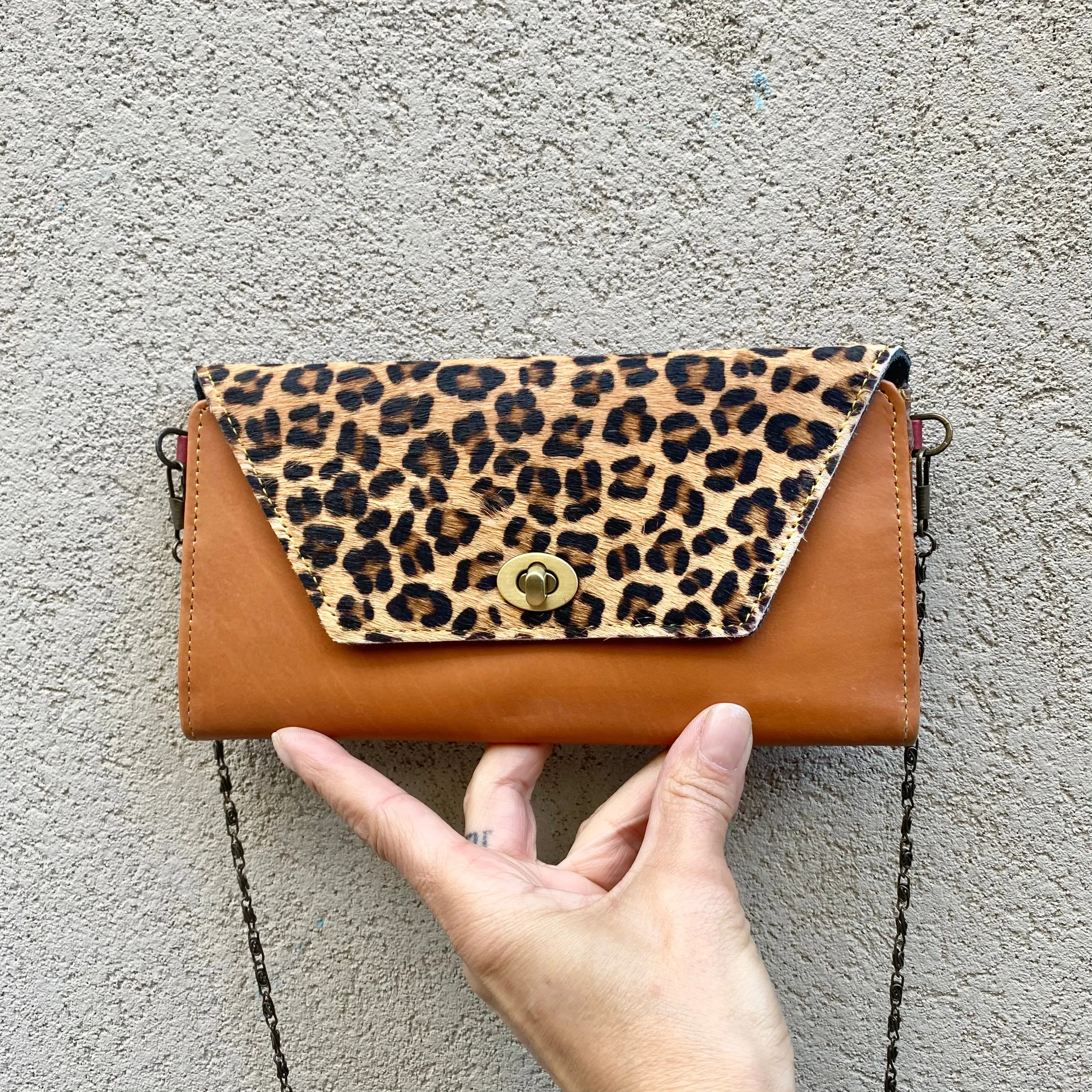 Harley Cowhide and Leather Crossbody Wallet Clutch - Leopard, Apricot Tan