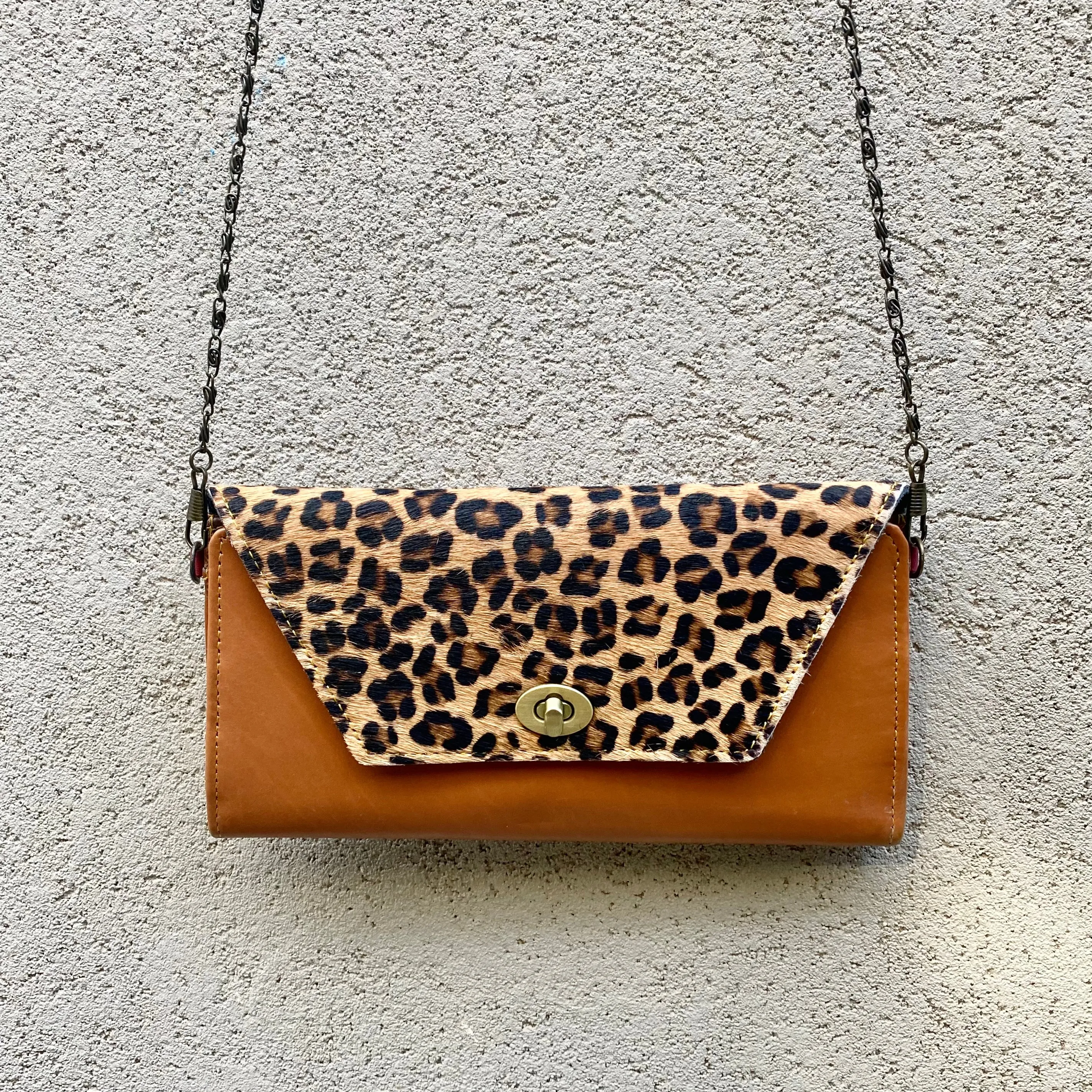 Harley Cowhide and Leather Crossbody Wallet Clutch - Leopard, Apricot Tan