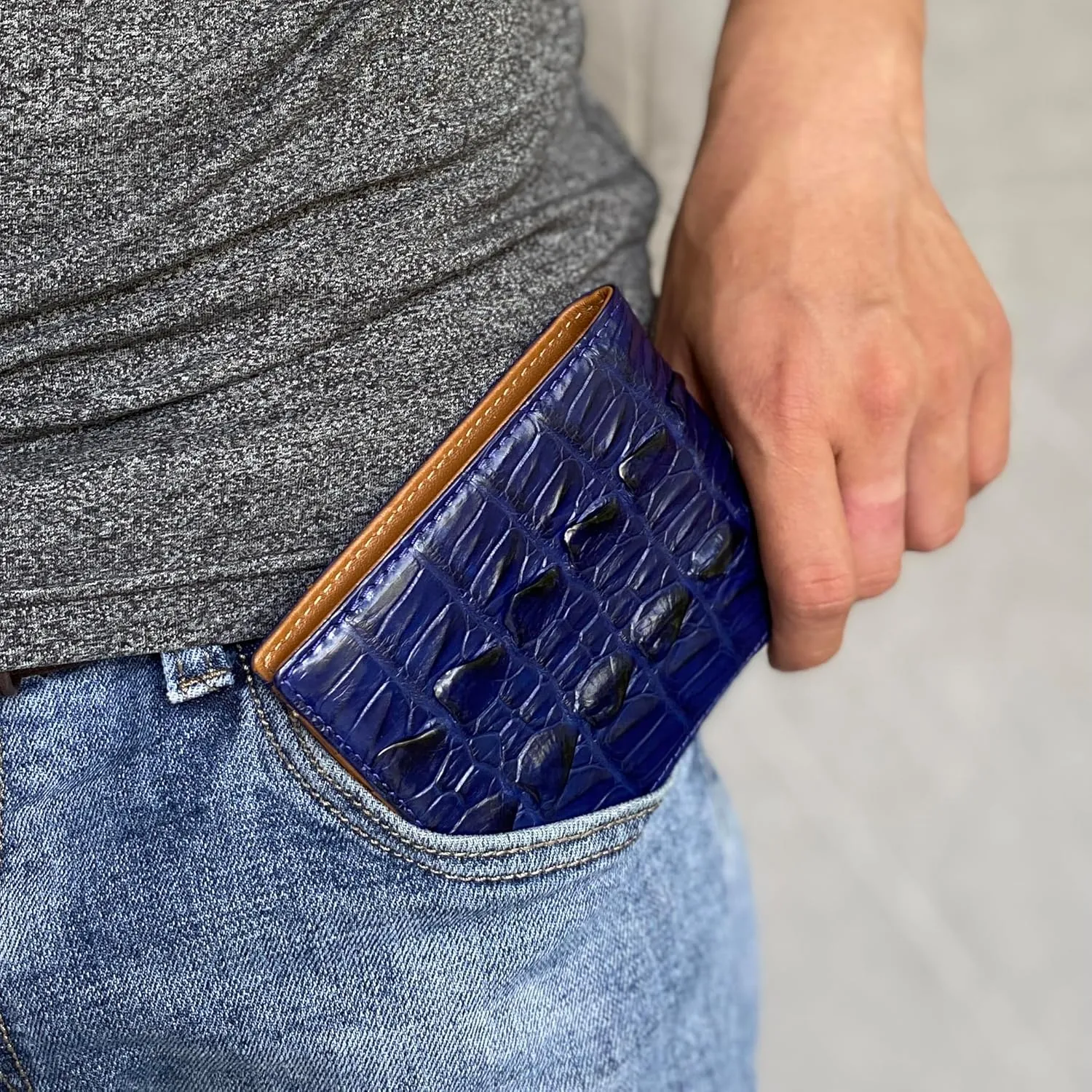 HATA Blue Mens Leather Bifold Wallet Passcase Croc Premium Large Capacity AIIgator Billfold Wallet RFID Blocking Handcrafted Gift For Birthday Wedding Anniversary VINAM-107