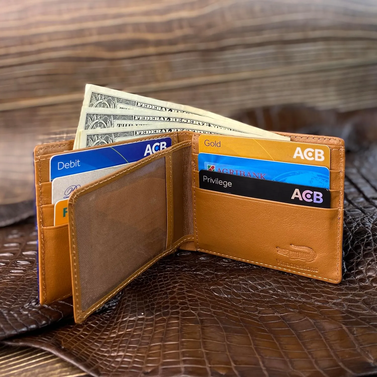 HATA Blue Mens Leather Bifold Wallet Passcase Croc Premium Large Capacity AIIgator Billfold Wallet RFID Blocking Handcrafted Gift For Birthday Wedding Anniversary VINAM-107