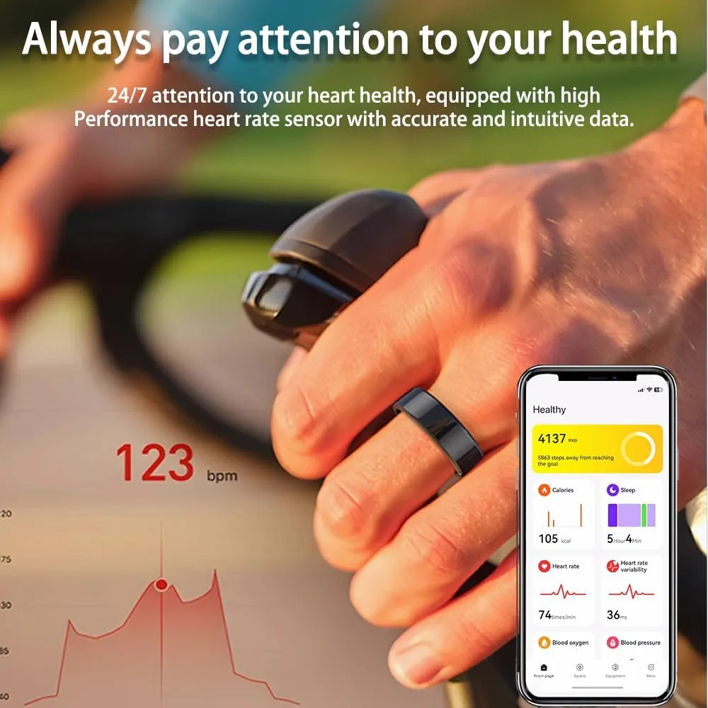 Health Tracker Smart Ring for Men Women, Sleep Tracker, Fitness Tracker with Heart Rate/Blood Pressure/Blood Oxygen Monitor.Temperature Monitor.IP68 Waterproof.No Subscription fee.（Black 8#）