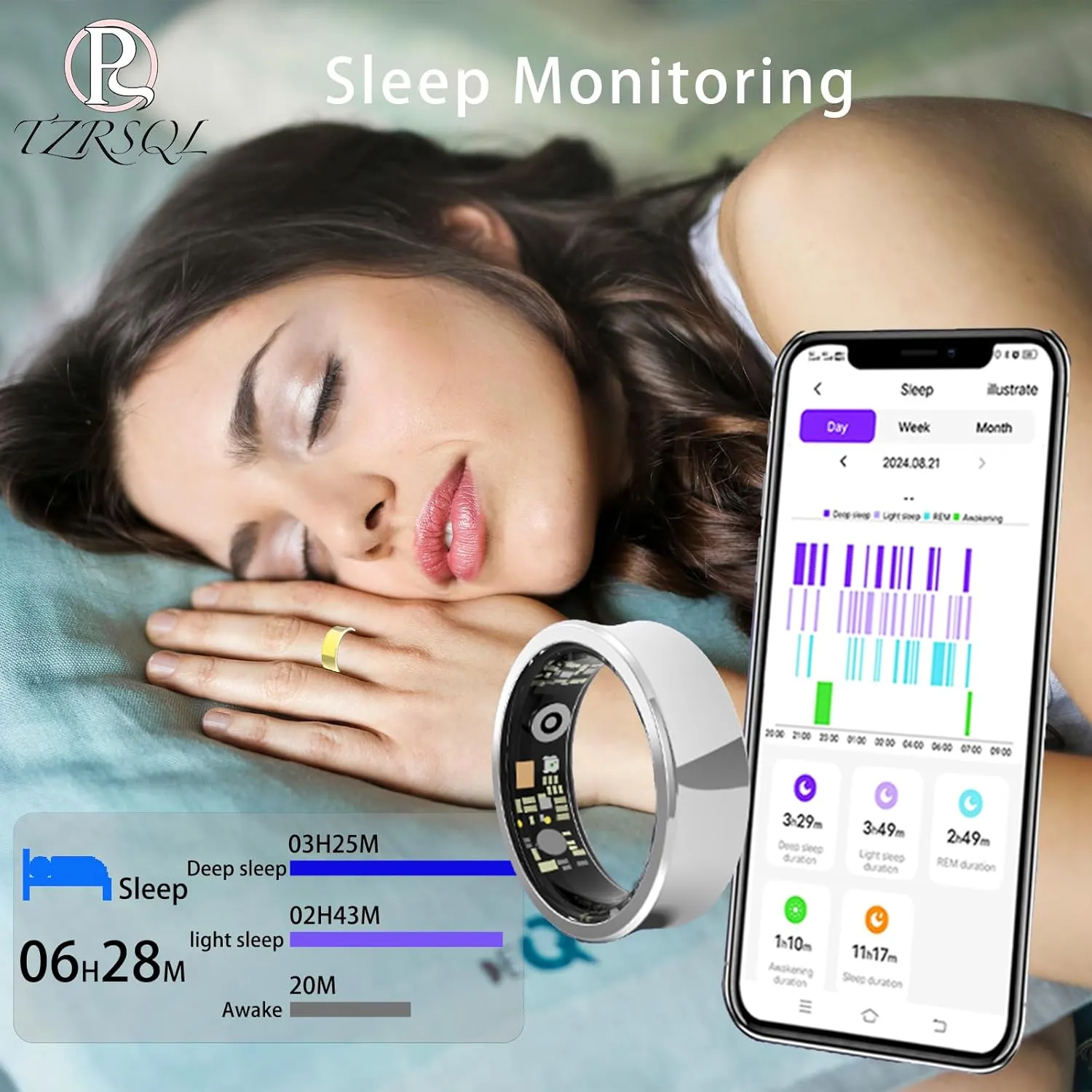 Health Tracker Smart Ring for Men Women, Sleep Tracker, Fitness Tracker with Heart Rate/Blood Pressure/Blood Oxygen Monitor.Temperature Monitor.IP68 Waterproof.No Subscription fee.（Black 8#）