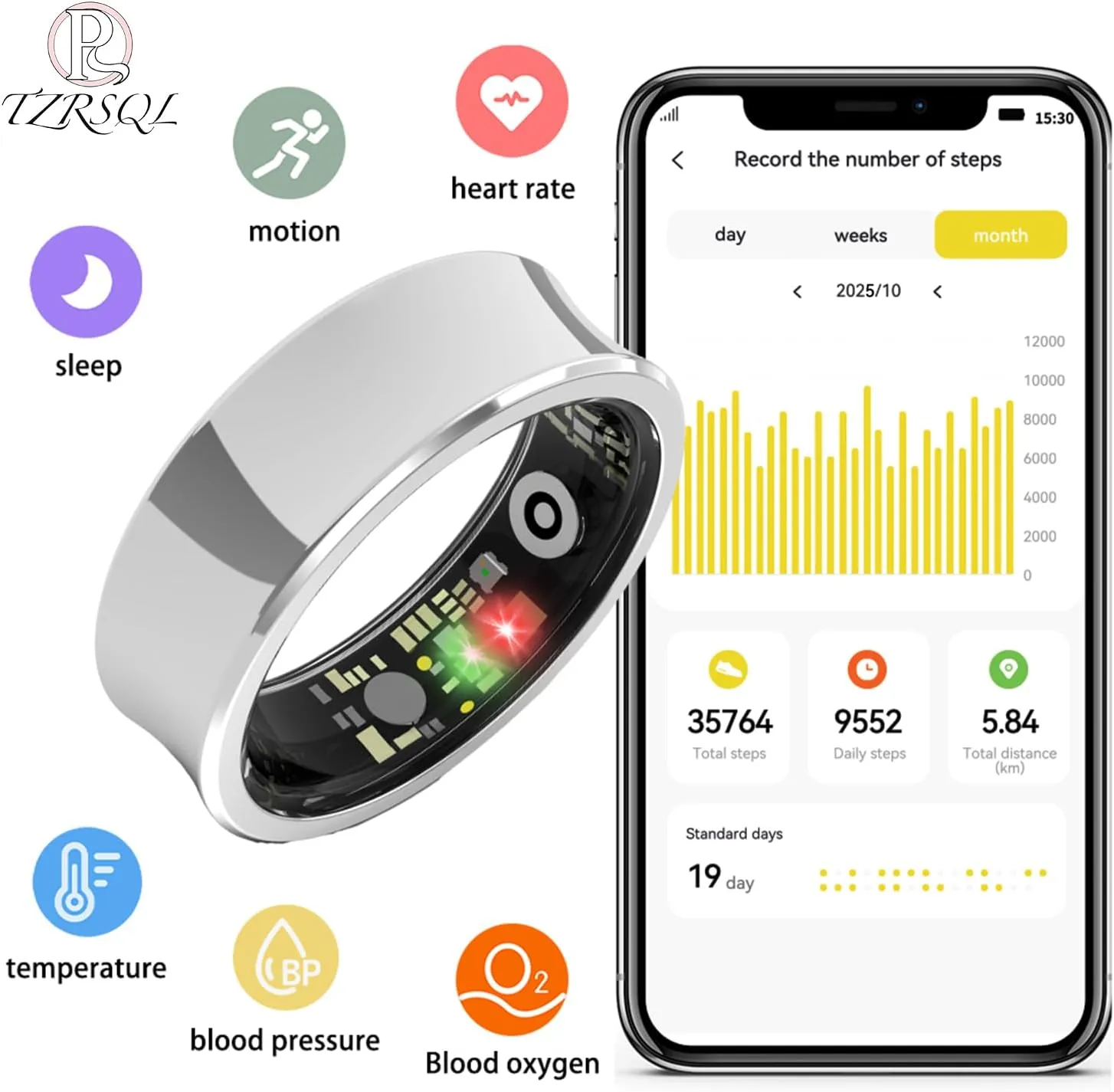 Health Tracker Smart Ring for Men Women, Sleep Tracker, Fitness Tracker with Heart Rate/Blood Pressure/Blood Oxygen Monitor.Temperature Monitor.IP68 Waterproof.No Subscription fee.（Black 8#）
