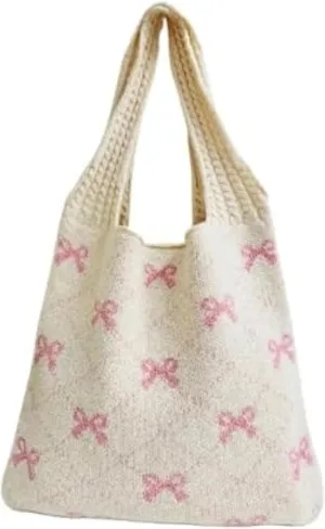 Heart Graphic Cute Tote Bags for Women Aesthetic Crochet Shoulder Handbags for Women Casual Beach