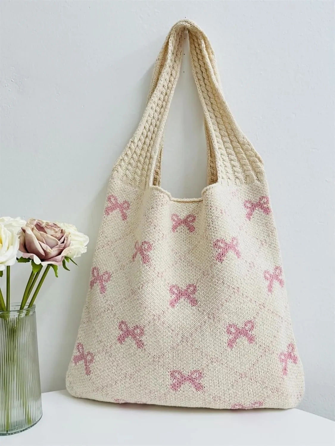 Heart Graphic Cute Tote Bags for Women Aesthetic Crochet Shoulder Handbags for Women Casual Beach