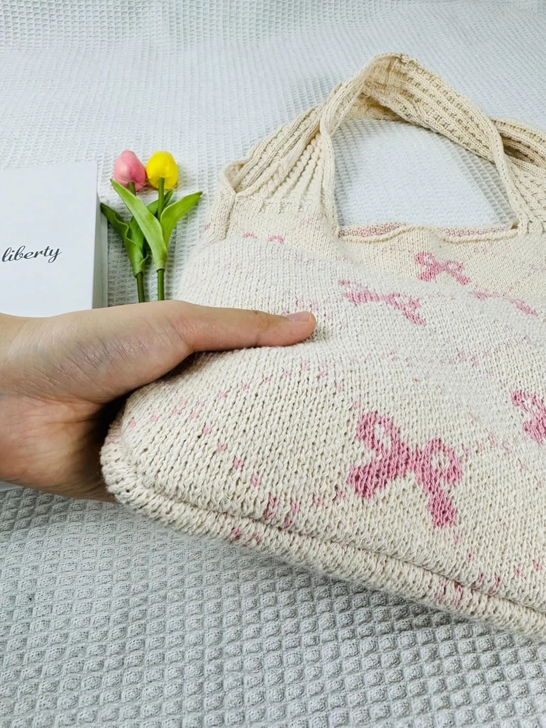Heart Graphic Cute Tote Bags for Women Aesthetic Crochet Shoulder Handbags for Women Casual Beach