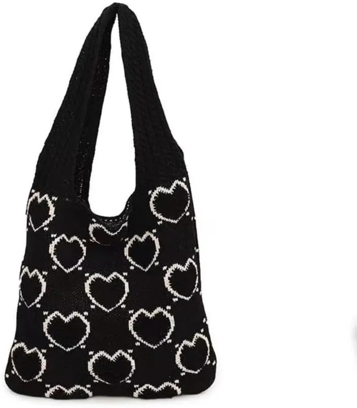Heart Graphic Cute Tote Bags for Women Aesthetic Crochet Shoulder Handbags for Women Casual Beach