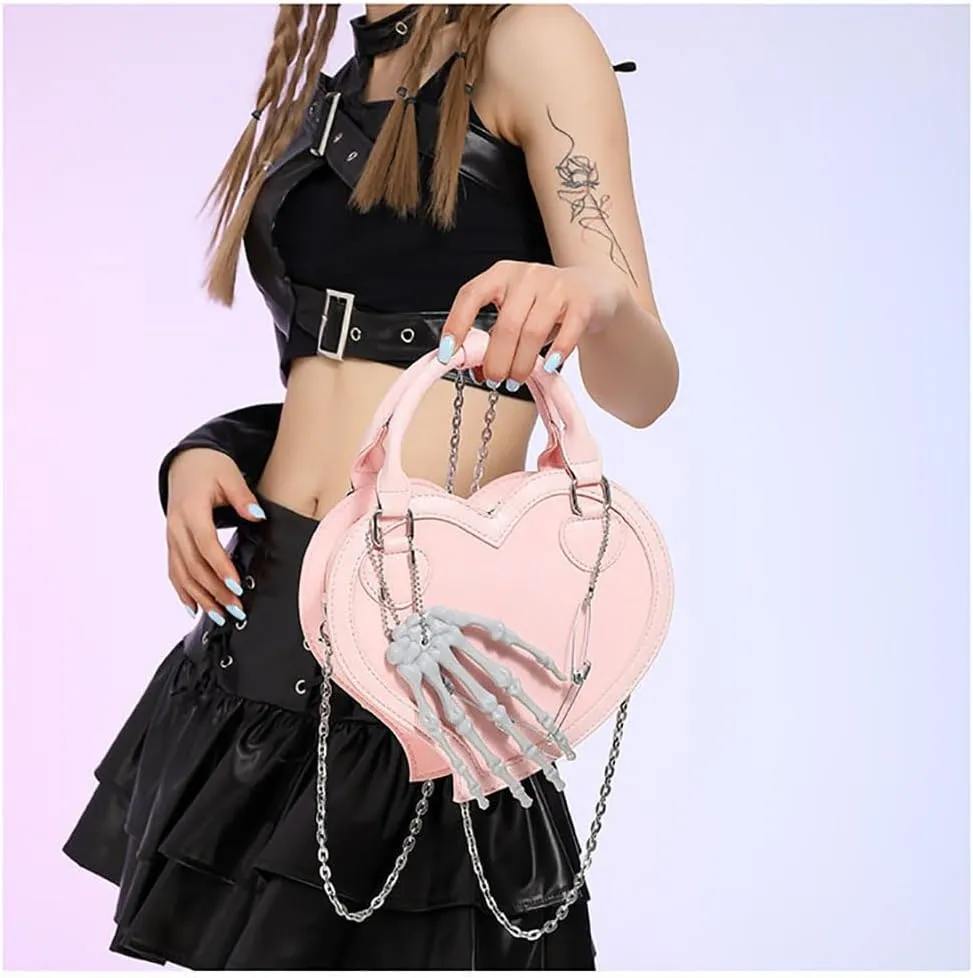 Heart Shape Crossbody Bag for Women Gothic Skeleton Claw Satchel Handbags