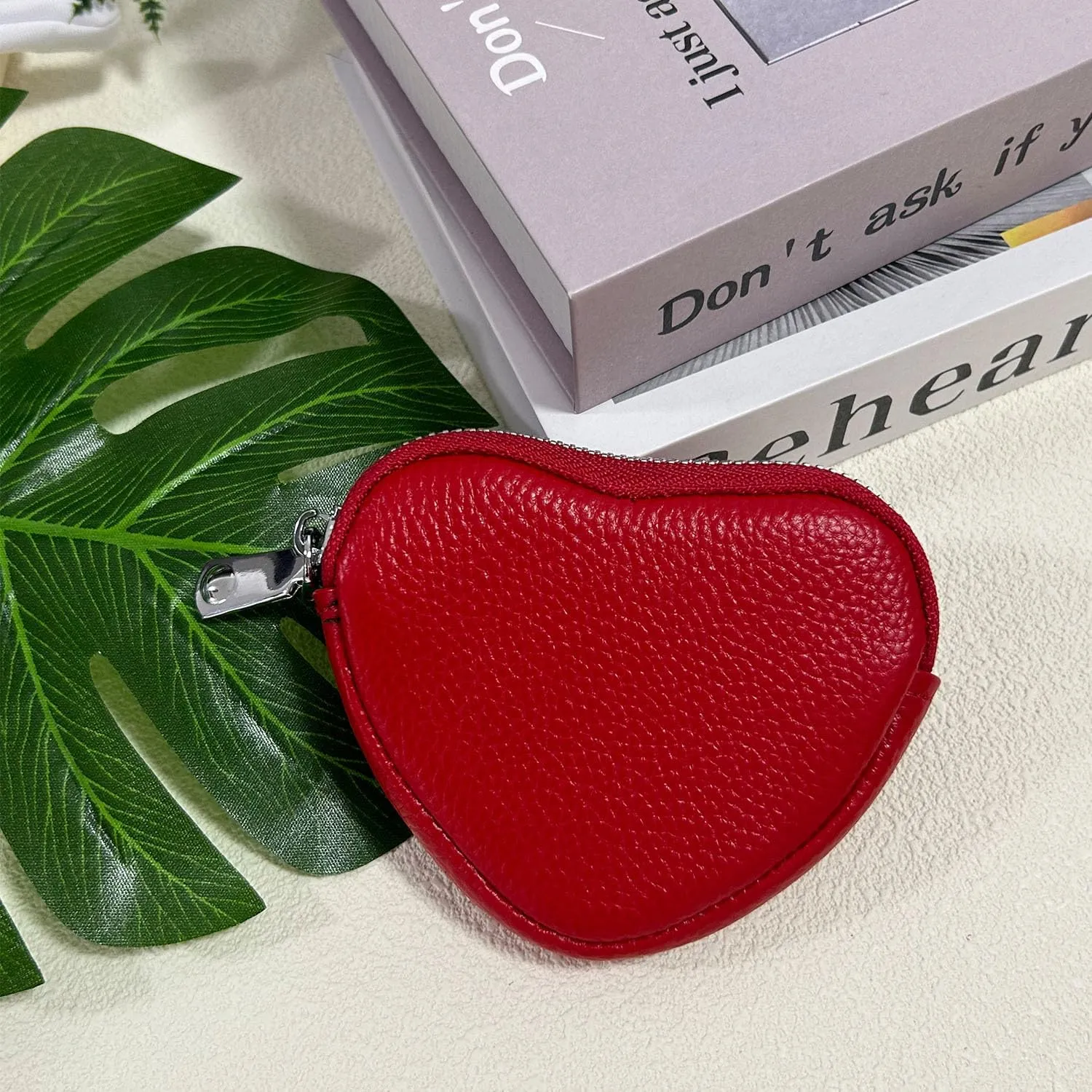 Heart-Shaped Genuine Leather Coin Purse - Small Cute Wallet With Zipper Storage For Women