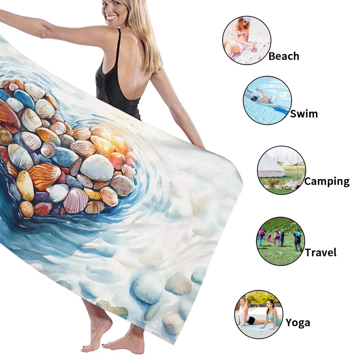 Heart Shells Beach Towel Colorful Shells Art Quick Dry Sand Free Lightweight Oversized Blanket Outdoor Travel Picnic Essentials 70x35 Inch