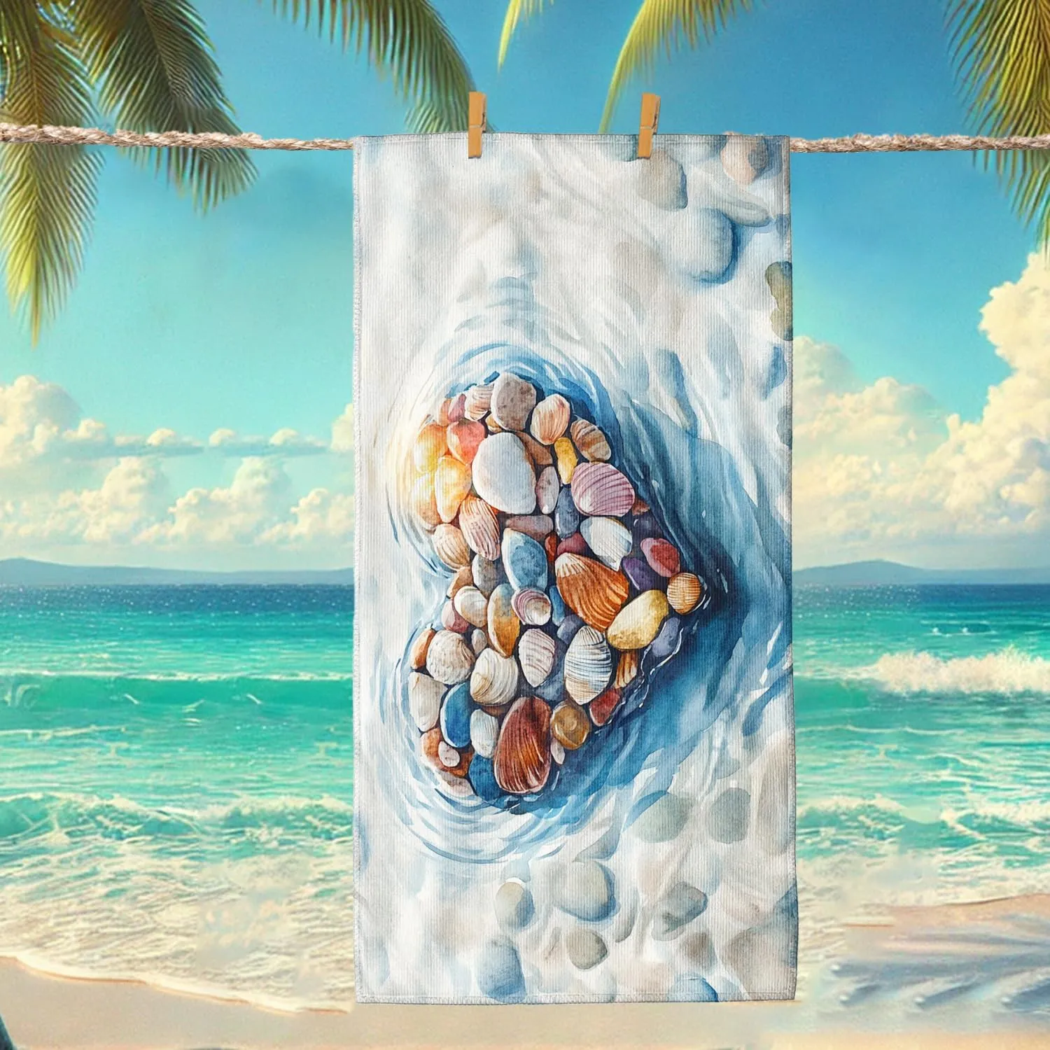 Heart Shells Beach Towel Colorful Shells Art Quick Dry Sand Free Lightweight Oversized Blanket Outdoor Travel Picnic Essentials 70x35 Inch