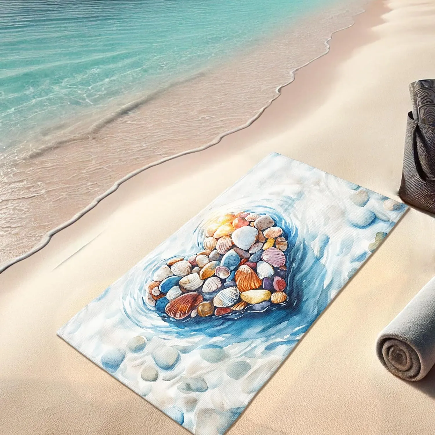 Heart Shells Beach Towel Colorful Shells Art Quick Dry Sand Free Lightweight Oversized Blanket Outdoor Travel Picnic Essentials 70x35 Inch