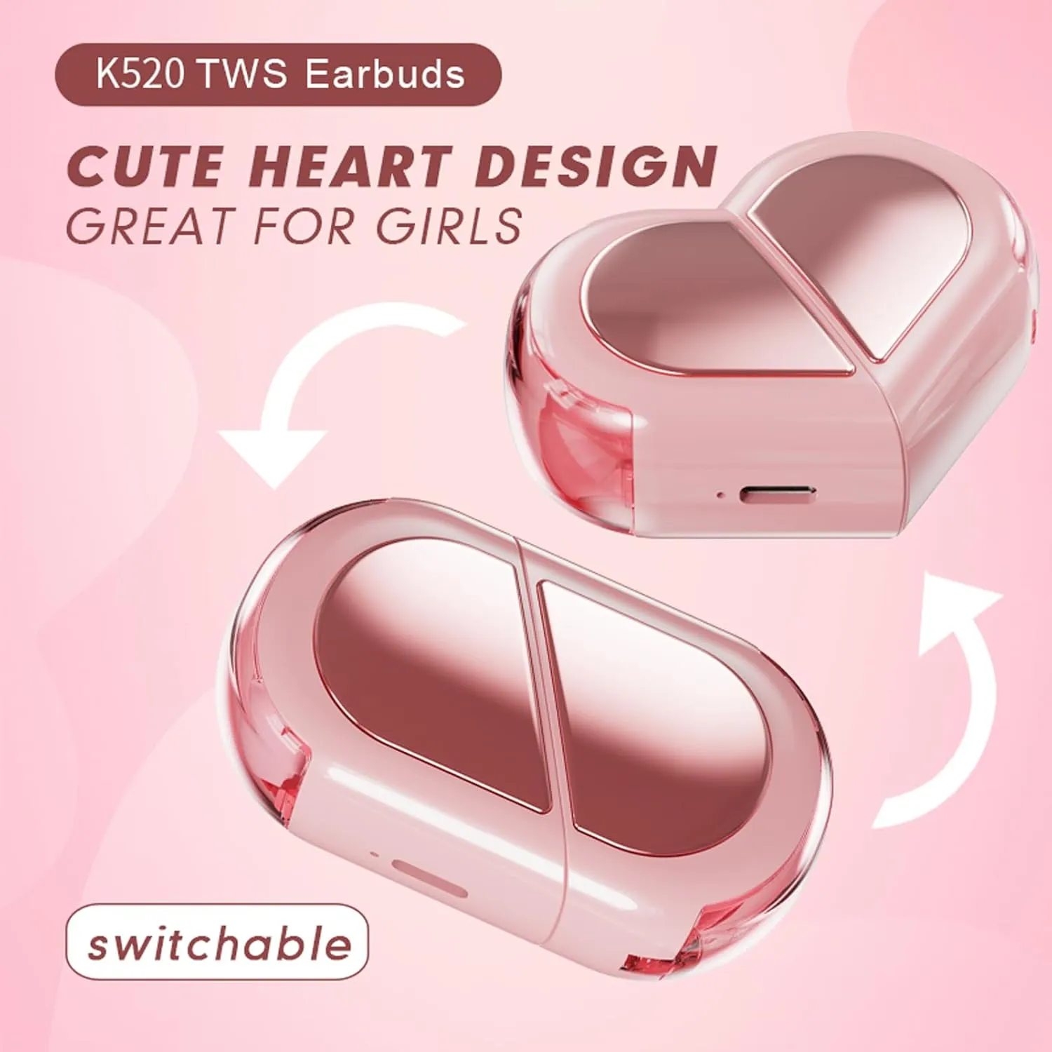 Heart Wireless Earbuds for Girls Kids, Cute Small Mini Tiny Invisible Earbuds Wireless Bluetooth for Small Ears Canals Women Rose Gold Kawai Blue Tooth Ear Buds for iPhone Android