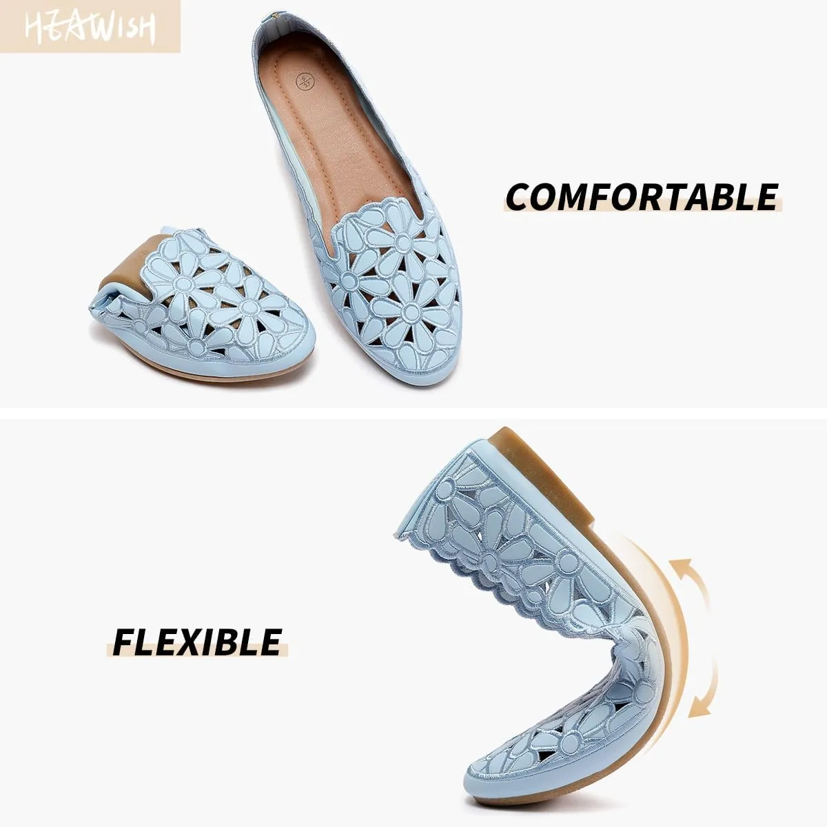 HEAWISH Women's Floral Ballet Flats for Women Black Beige Slip On Flowers PU Leather Round Toe Dress Shoes