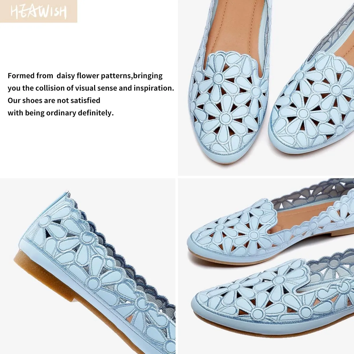 HEAWISH Women's Floral Ballet Flats for Women Black Beige Slip On Flowers PU Leather Round Toe Dress Shoes