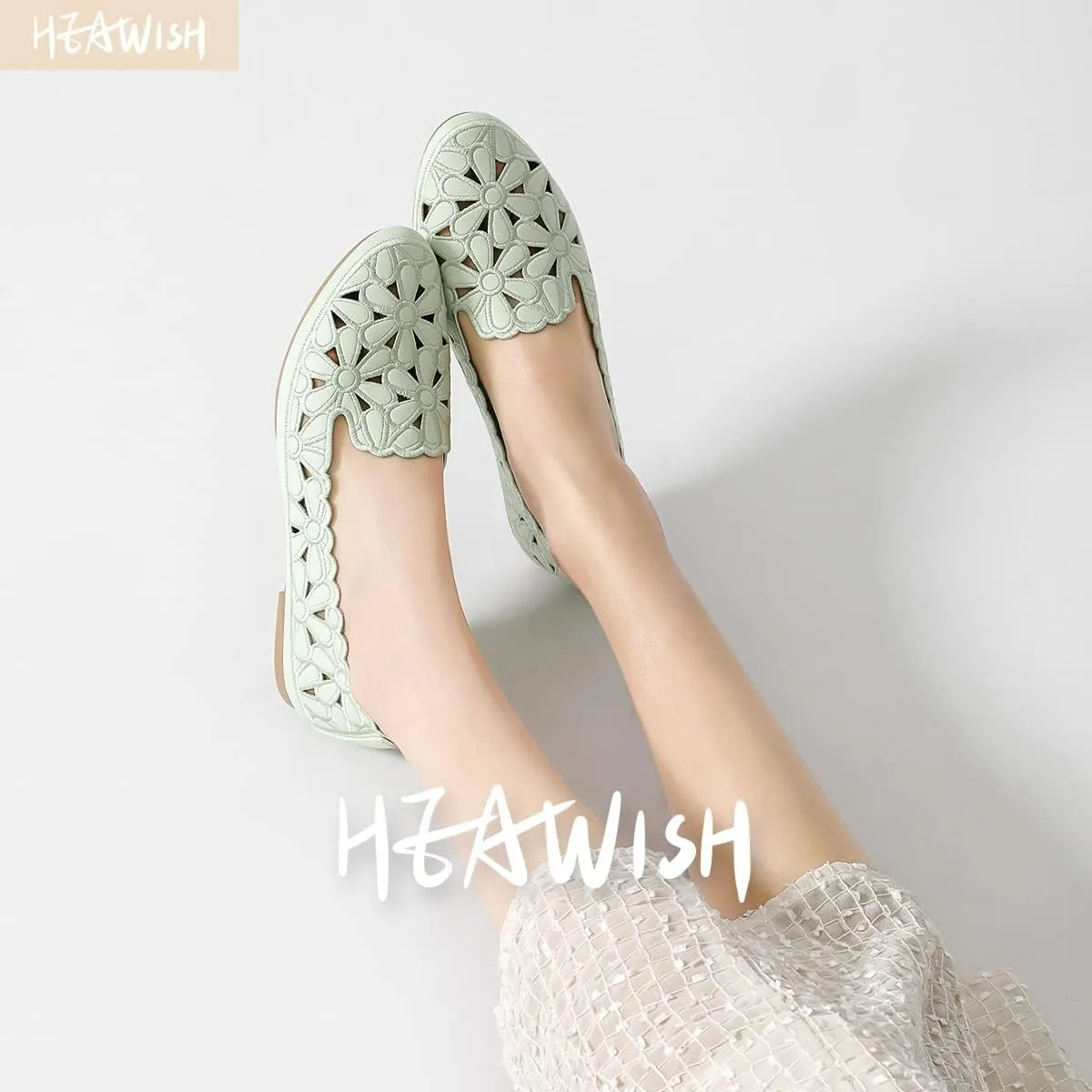 HEAWISH Women's Floral Ballet Flats for Women Black Beige Slip On Flowers PU Leather Round Toe Dress Shoes