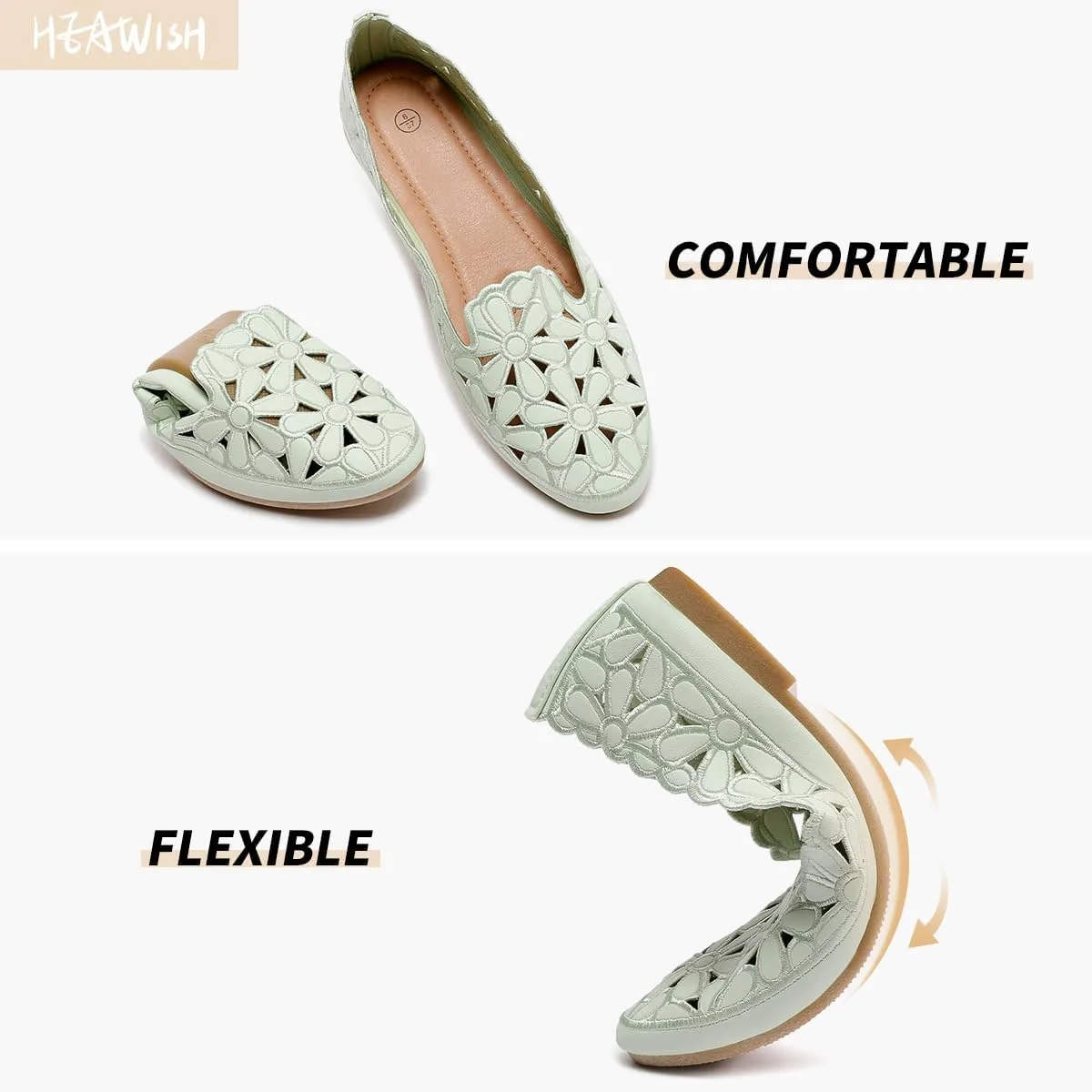HEAWISH Women's Floral Ballet Flats for Women Black Beige Slip On Flowers PU Leather Round Toe Dress Shoes