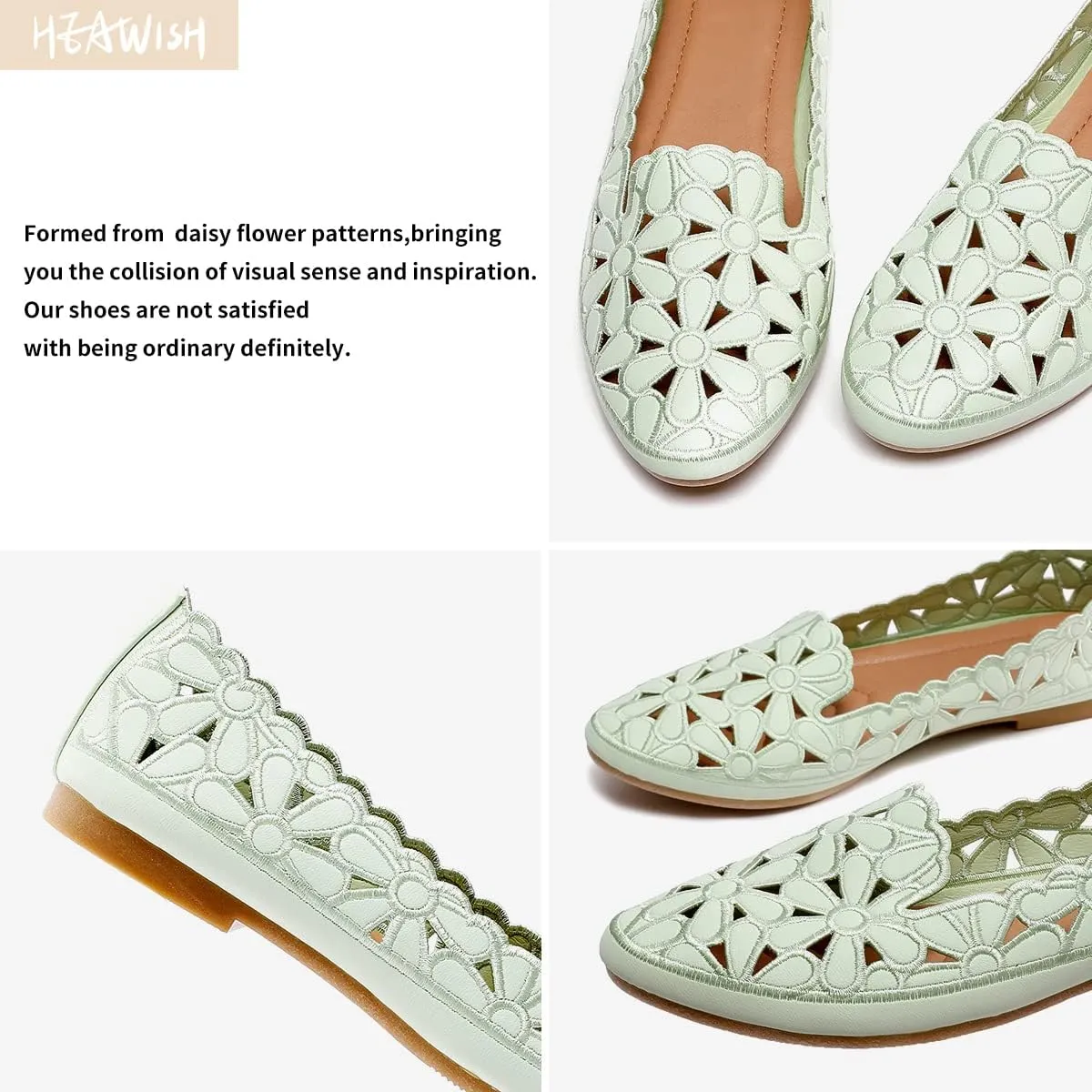 HEAWISH Women's Floral Ballet Flats for Women Black Beige Slip On Flowers PU Leather Round Toe Dress Shoes