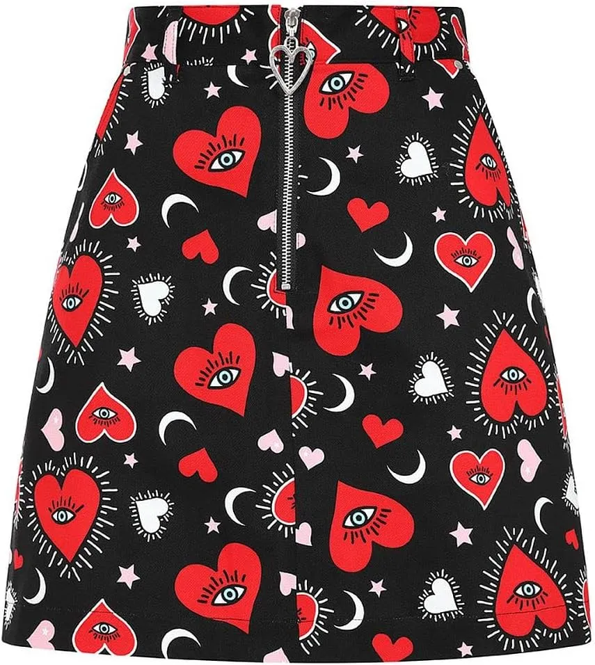 Hell Bunny Kate Heart Love Moon and Stars Vintage Retro Valentine's Day Mini Skirt