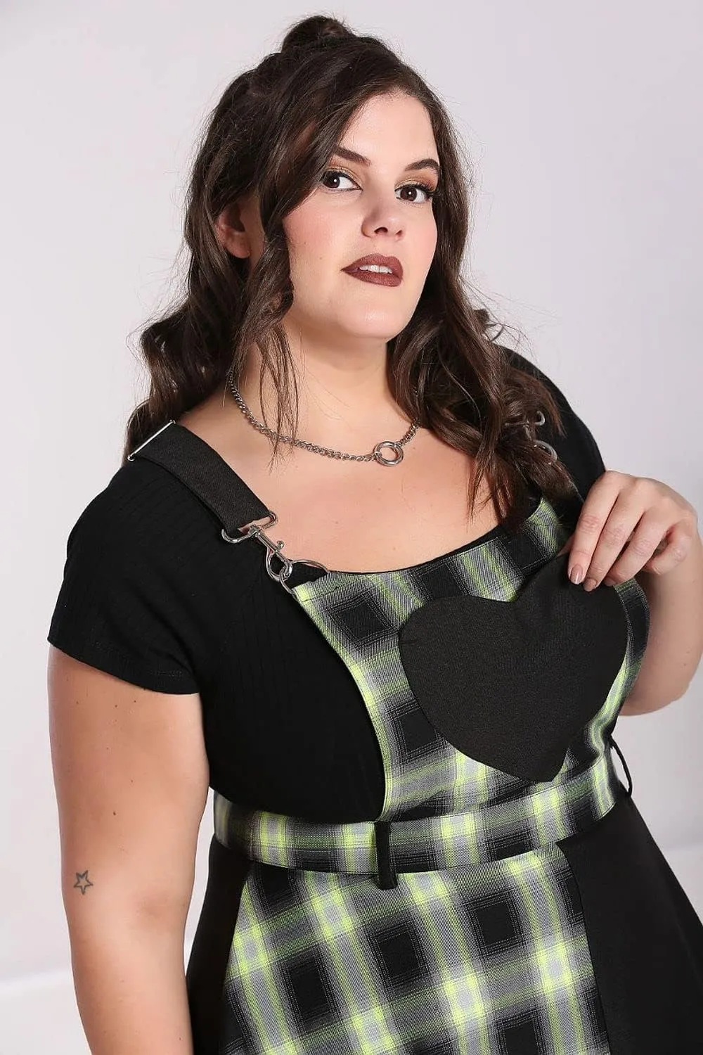 Hell Bunny Tammy Neon Green and Black Tartan Plaid Heart Pinafore Dress