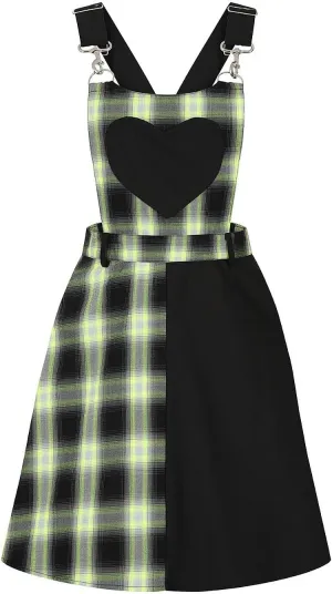 Hell Bunny Tammy Neon Green and Black Tartan Plaid Heart Pinafore Dress