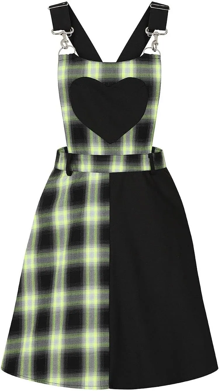 Hell Bunny Tammy Neon Green and Black Tartan Plaid Heart Pinafore Dress