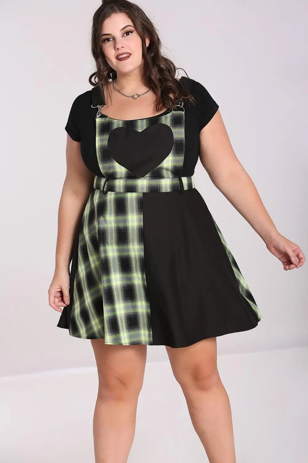 Hell Bunny Tammy Neon Green and Black Tartan Plaid Heart Pinafore Dress