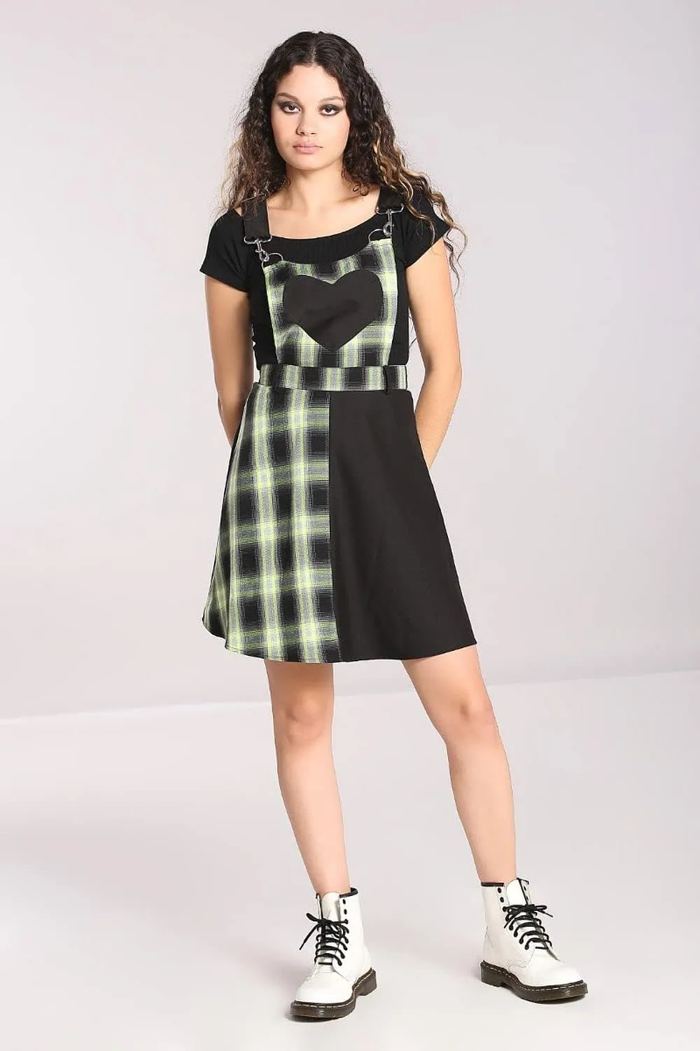 Hell Bunny Tammy Neon Green and Black Tartan Plaid Heart Pinafore Dress