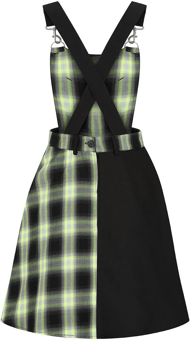 Hell Bunny Tammy Neon Green and Black Tartan Plaid Heart Pinafore Dress