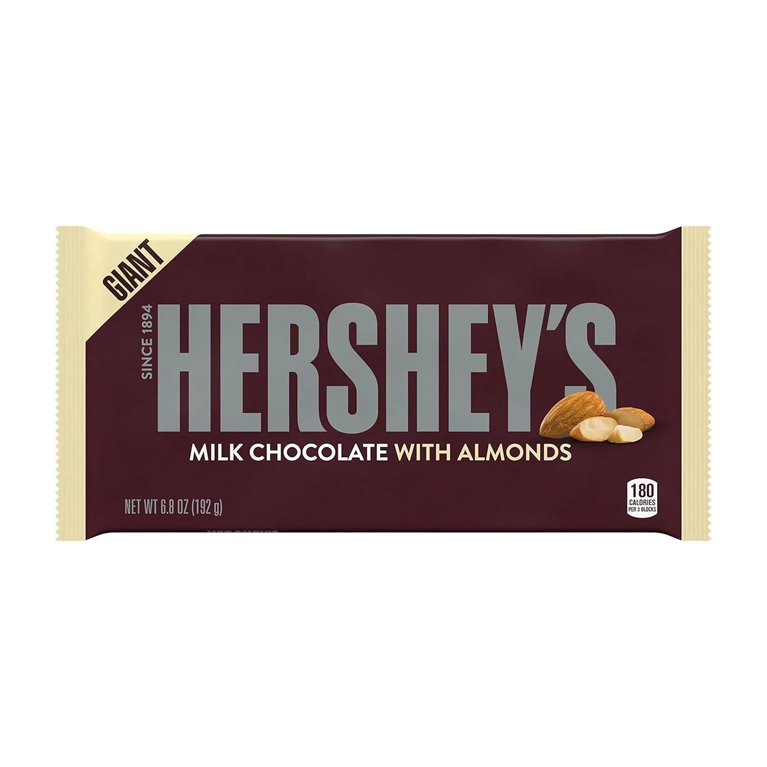 HERSHEY'S Milk Chocolate with Almonds Giant Candy, 6.8 Ounce (Pack of 12)