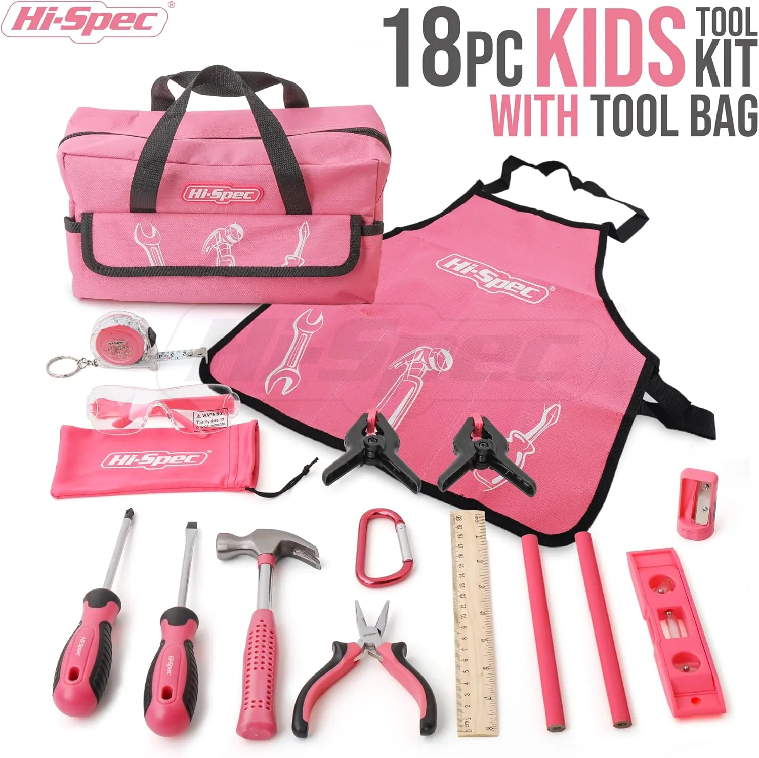Hi-Spec 18pc Pink Kids Tool Kit Set & Child Size Tool Bag. Real Kit for DIY Building, Woodwork & Construction