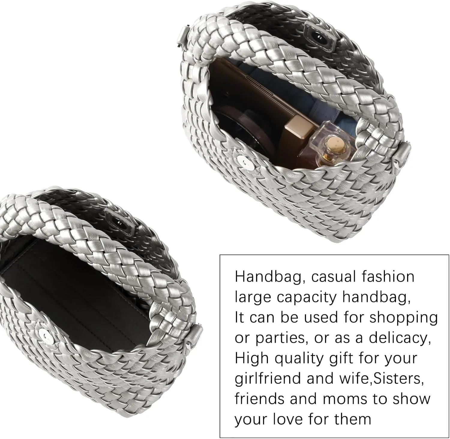 Hnycinj Hand Woven Crossbody Tote Bag for Women Small Handbag Vegan Leather Shoulderbag Lightweight Cute Purse Top Handle Bag