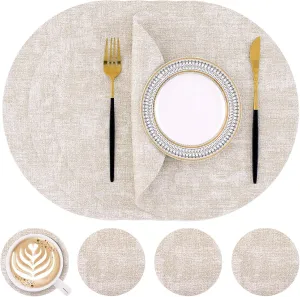 Homaxy Round Faux Leather Placemats and Coasters, Washable Dual-Side Table Mats, Wipeable Heat-Resistant Dining Place Mats for Outdoor and Indoor, Set of 4, Diameter 13 and 3.93 inch, Beige