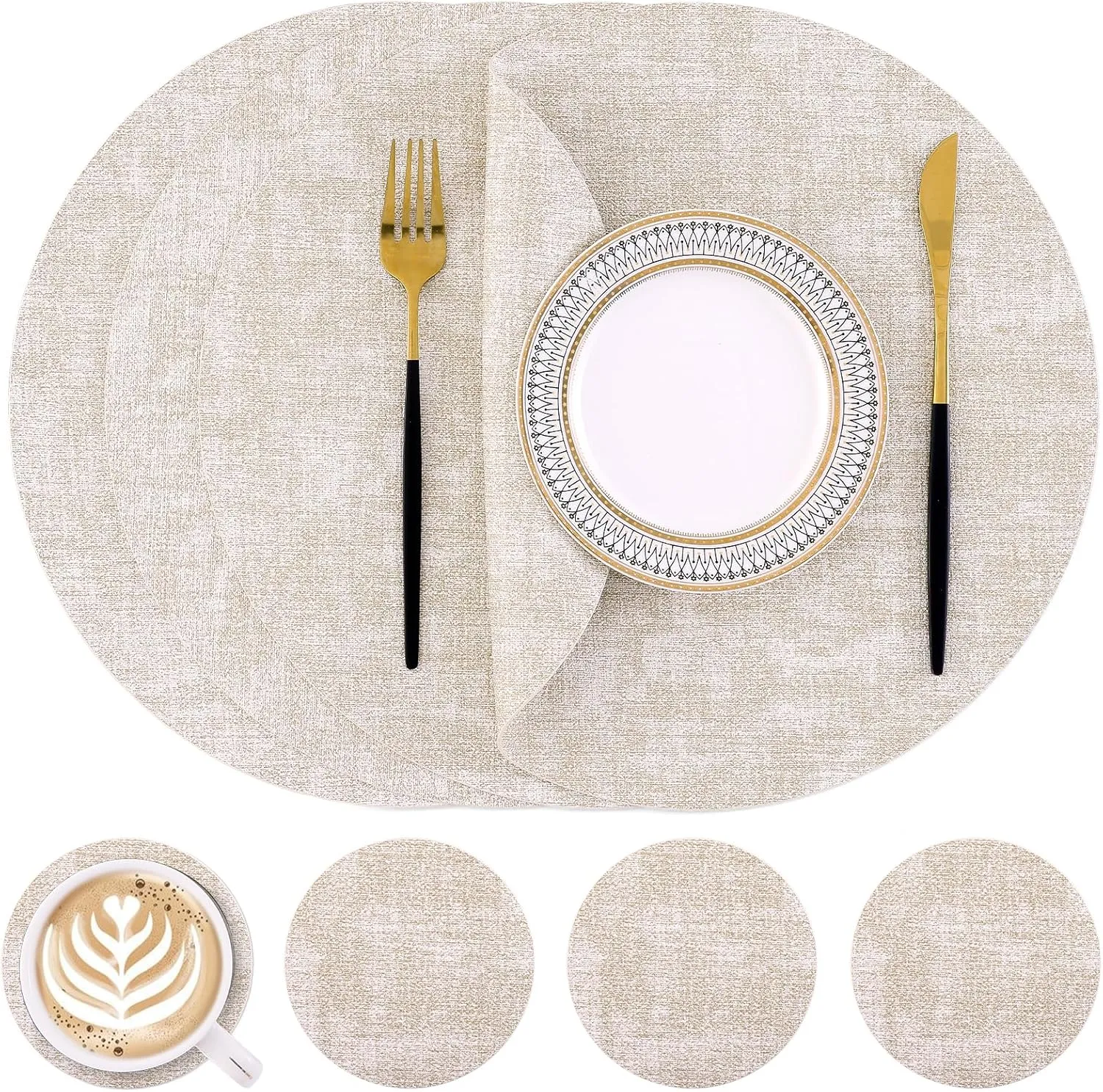 Homaxy Round Faux Leather Placemats and Coasters, Washable Dual-Side Table Mats, Wipeable Heat-Resistant Dining Place Mats for Outdoor and Indoor, Set of 4, Diameter 13 and 3.93 inch, Beige